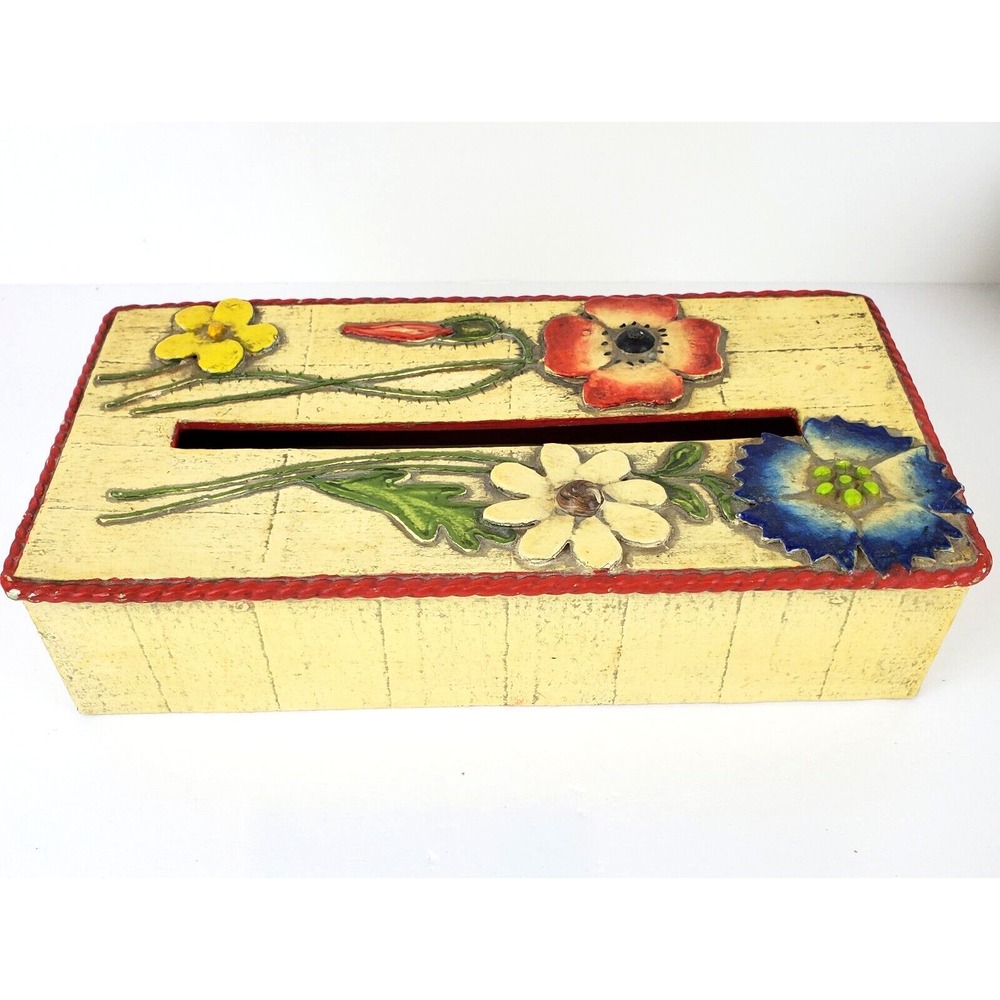 Vintage Mid Century Paper Mache Flowers Rope Tissue Cover Holder *READ